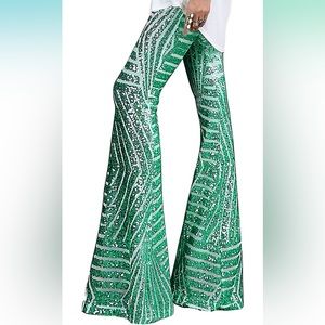 High Waist Wide Leg Palazzo Lounge Pants Sequin Bell Bottoms Trousers Disco